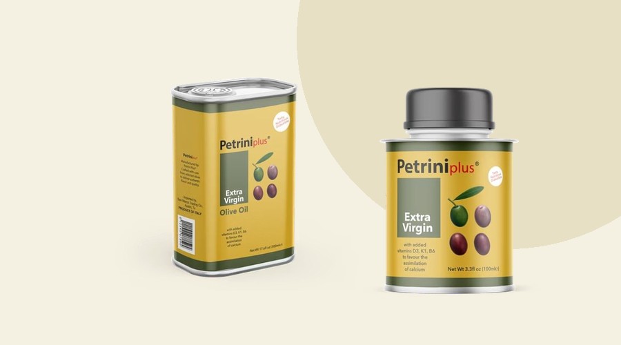 Fattoria Petrini Plus olive oil in 500 milliliter and 100 milliliter cans