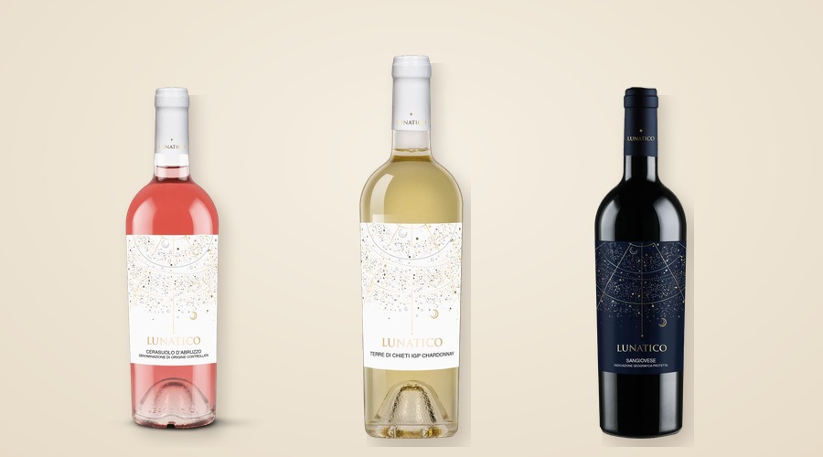 Lunatico rosé, white, and red wine bottles from the catalogue